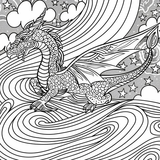 Mystical dragon flying in a rainbow sky. Coloring page