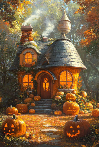 Pumpkin house with Halloween decorations in cartoon style