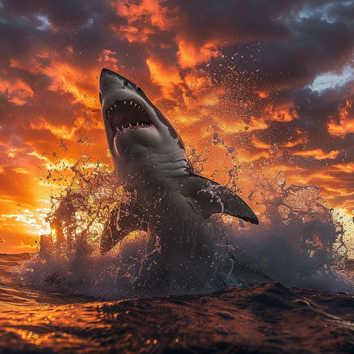 Tiger shark leaping with dramatic sunset