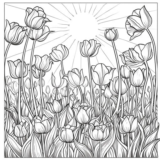 Field of blooming tulips with a bright sun overhead. Coloring book page