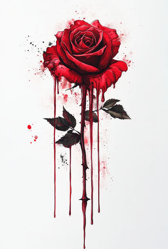 Abstract red rose tattoo design, in the style of dark fantasy, with dripping paint