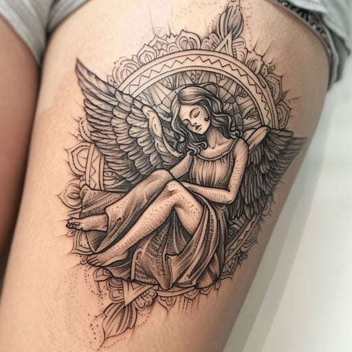 Guardian angel tattoo in mandala, symbolizing protection and spiritual journey
