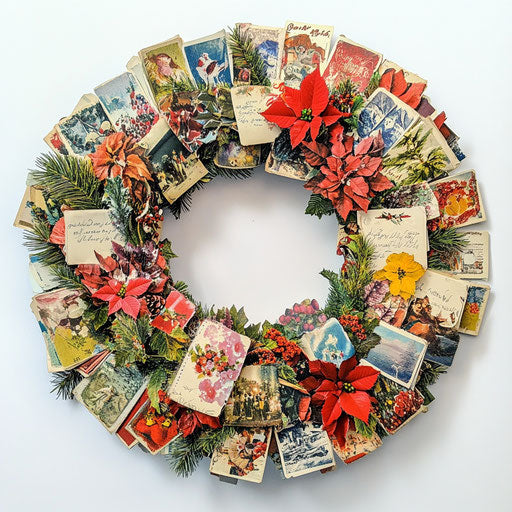 Wreath of vintage Christmas cards displaying messages of seasons past