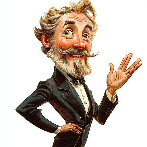 Humorous caricature of a Gustave Eiffel caricature clipart with human characteristics, exaggerated dimpled chin, small feet, vibrant colors, cartoon style, wave