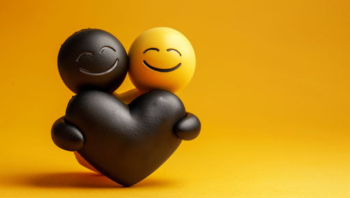 Smiling emoticons hug in heart shape