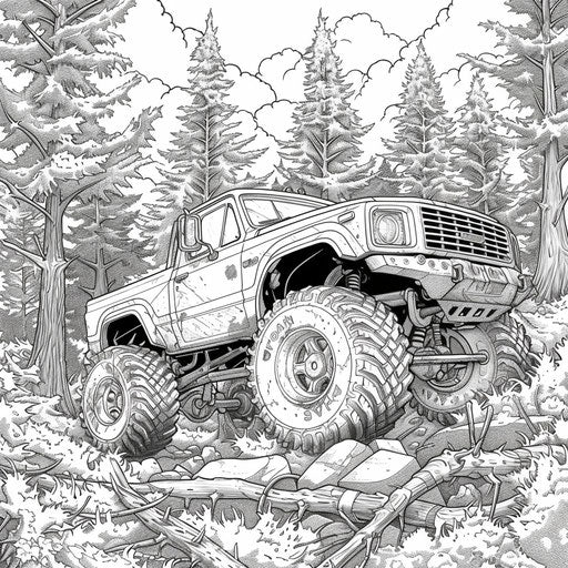 Monster truck in a lush, detailed forest in the style of Edward Julius Detmold Coloring book page