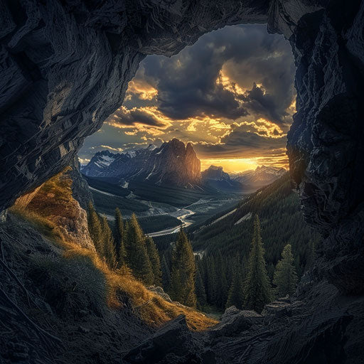 Tunnel mountain landscape with dramatic lighting