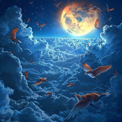 Winged foxes flying in moonlight