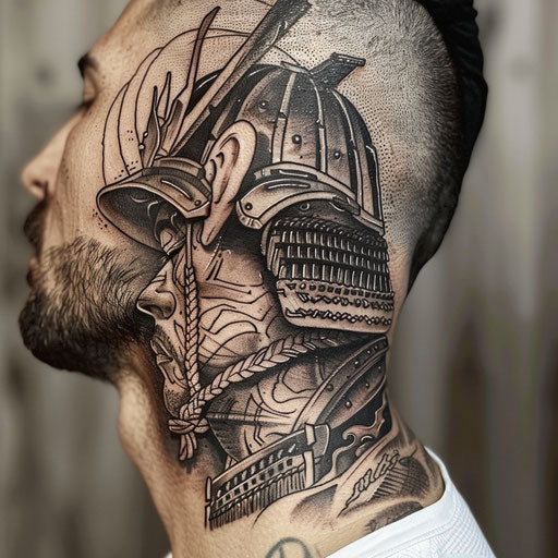 Side neck tattoos of a samurai warrior