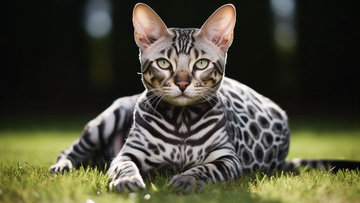 Bengal cat in grass, dark white and silver, geometric symmetry
