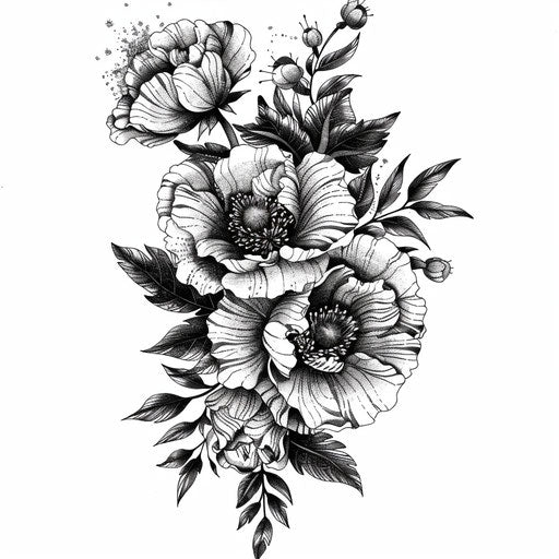 Botanical blackwork tattoo of flowers and leaves on white