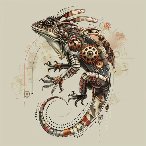 Steampunk clipart style flat tattoo sketch of a lizard with gears and metallic textures