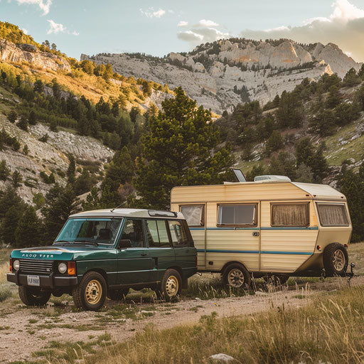 Range Rover and vintage camper in picturesque national park