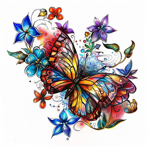 Butterfly with stained glass flowers, vibrant tattoo art on canvas