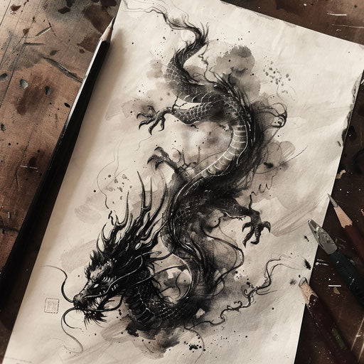 Surreal flat tattoo sketch of a black dragon transforming into dark smoke