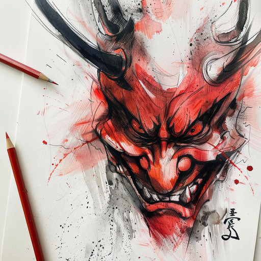 Sketch of a menacing-eyed oni demon in vibrant red and black on white canvas