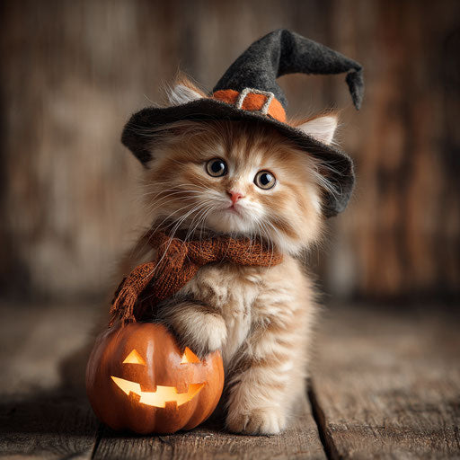 An adorable kitten with a witch's hat and a pumpkin