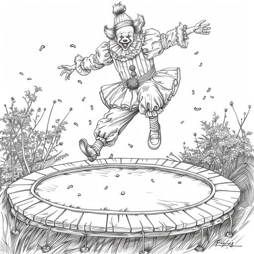 Clown acrobat on trampoline. Coloring book page