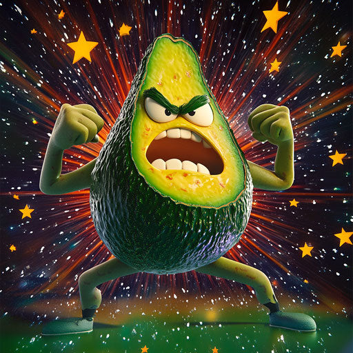 Humorous caricature of an angry avocado with human characteristics