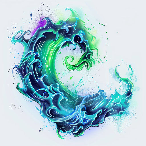 Dynamic flat tattoo sketch of a neon wave with electric blue and green colors