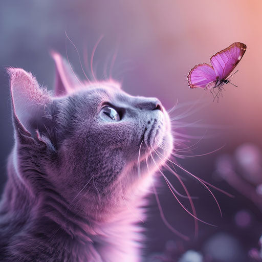 Cat with butterfly nipping, exaggerated facial features