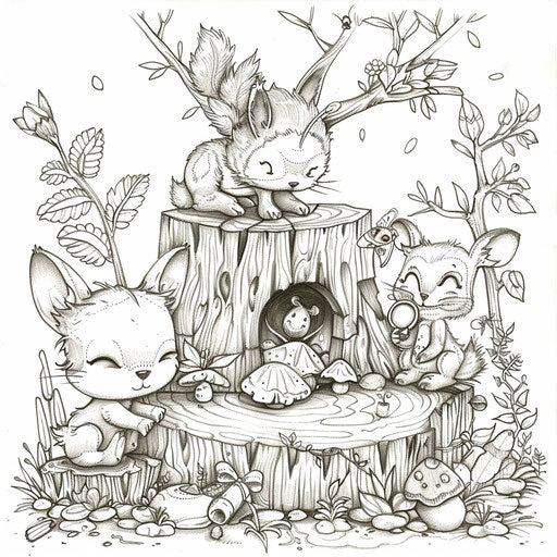 Playful cartoon scene with cute animals in the style of a coloring book page