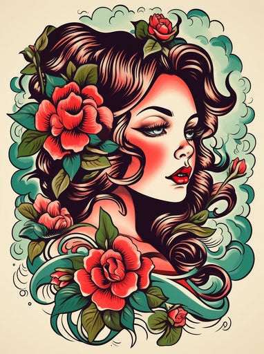 Female head tattoo, red, green and white colors