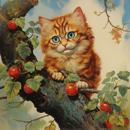 Louis Wain cat lying on a tree branch