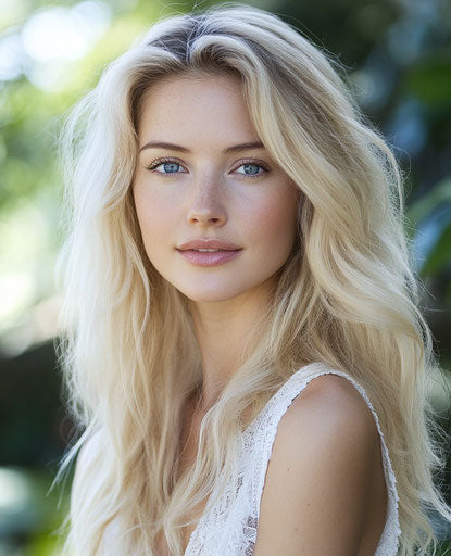 Attractive blonde woman with blue eyes in green nature