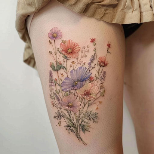 Soft wildflower tattoo, pastel palette, gentle lines, feminine and delicate