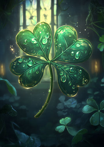 Realistic four-leaf clover with dew drops against dark backdrop