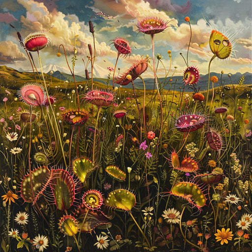 Carnivorous plant in bloom in a lush wild meadow