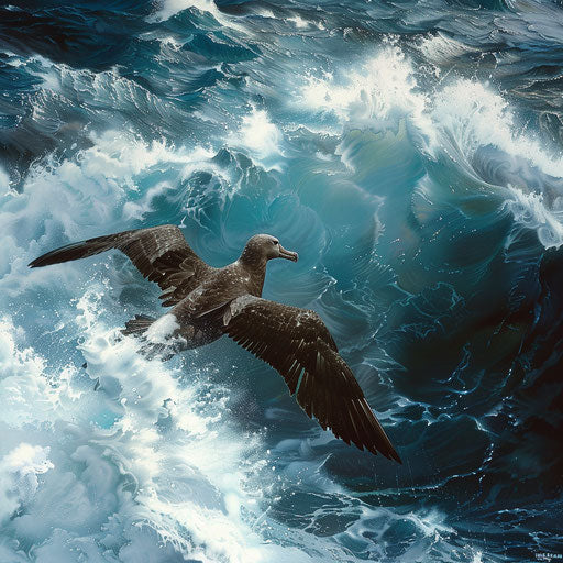 Black-footed albatross navigating through a stormy sea