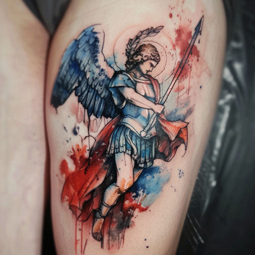 Watercolor tattoo design of Saint Michael on white background