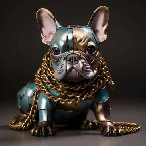 A French bulldog puppy with a collar, light indigo and dark gold style