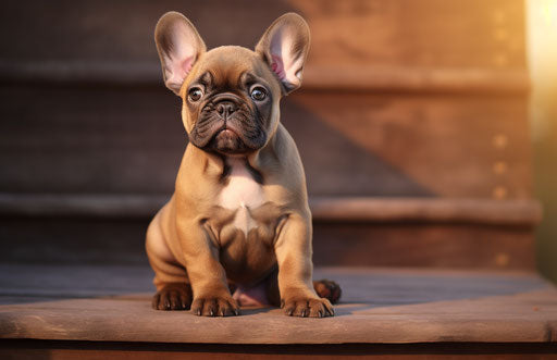 French bulldog puppy near wooden steps