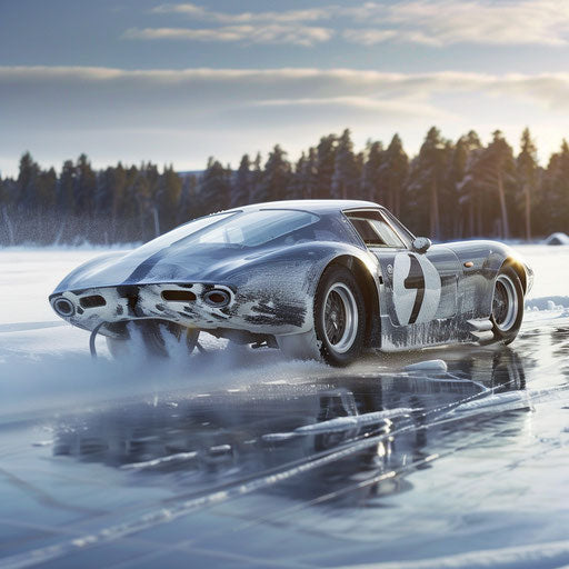 Ice racing Shelby Daytona with spiked tires and frost on its body, speeding across a frozen lake