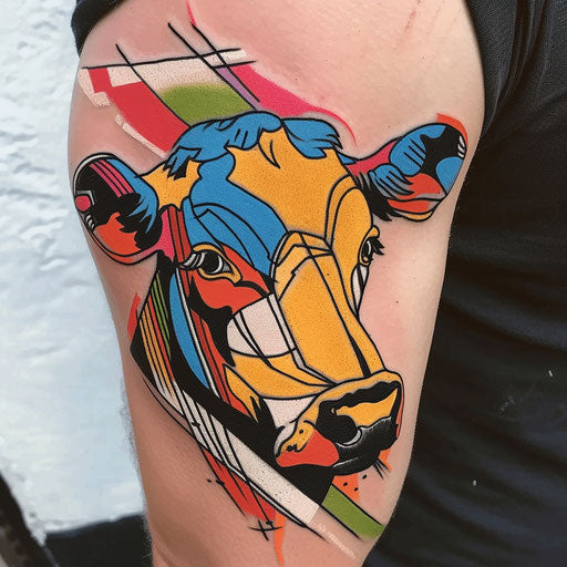Pop art cow tattoo with bright colors and graphic lines