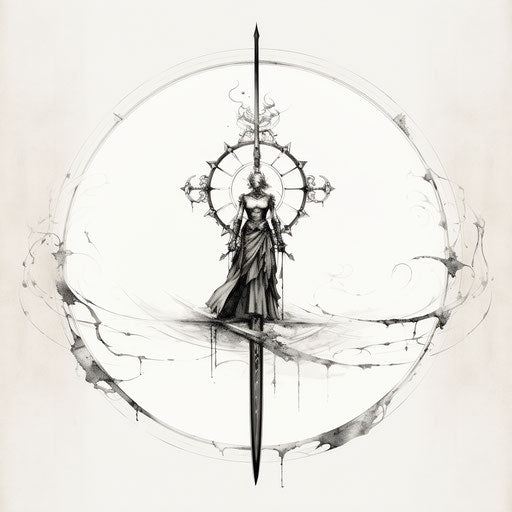 Tattooed sword on two circles, minimalist style, fernand toussaint