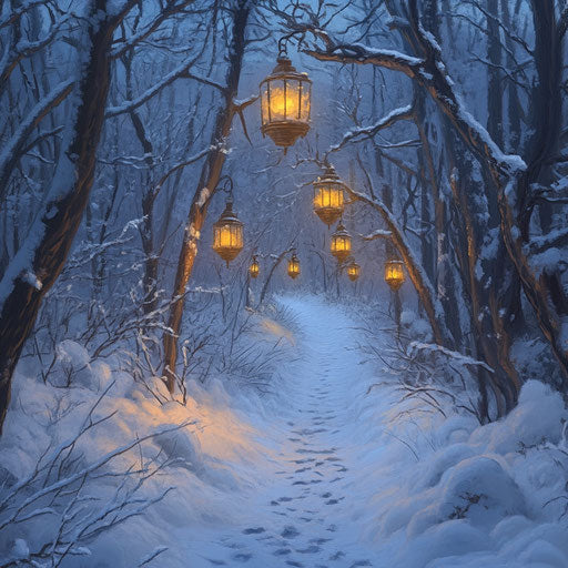 Snowy forest pathway with lanterns guiding the way