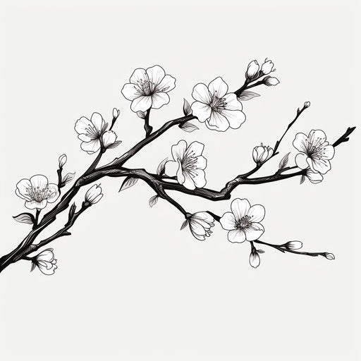 Black and white cartoon illustration of a blossom tree branch