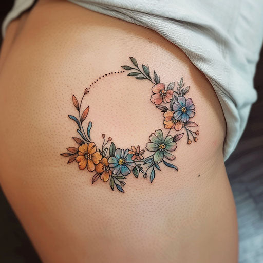 Elegant flat tattoo sketch of a floral wreath circle with soft watercolor flowers