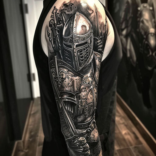 Medieval knight arm tattoo in the style of Adrian Smith