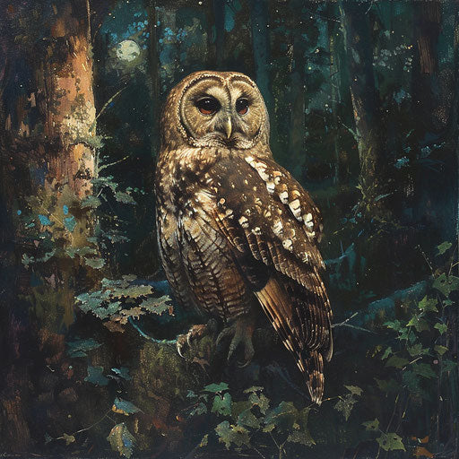 The piercing gaze of a northern spotted owl waiting for prey in the underbrush of a forest at night