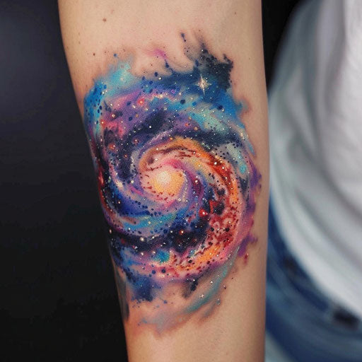 Vibrant galaxy tattoo design with swirling nebulae and bright stars on white background
