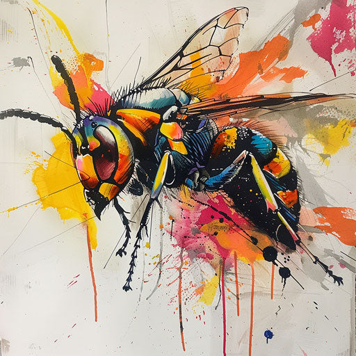 Expressionist wasp sketch with bold strokes and vibrant color splashes