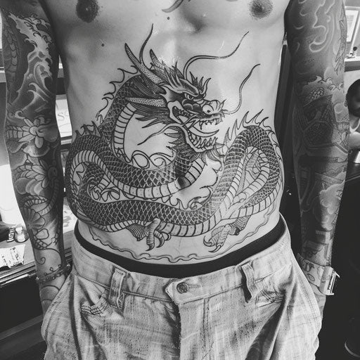 Dragon stomach tattoo for men, Guy Aitchison style