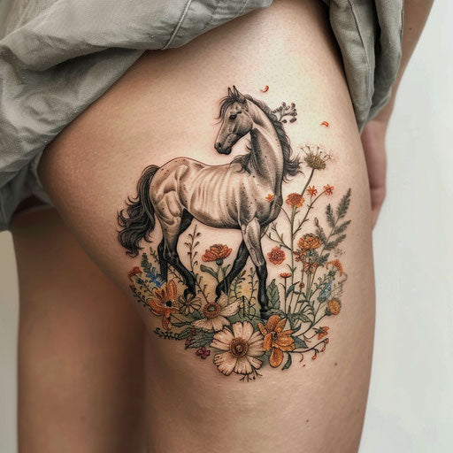 Wildflower tattoo with horse, earthy tones, dynamic pose, nature scene
