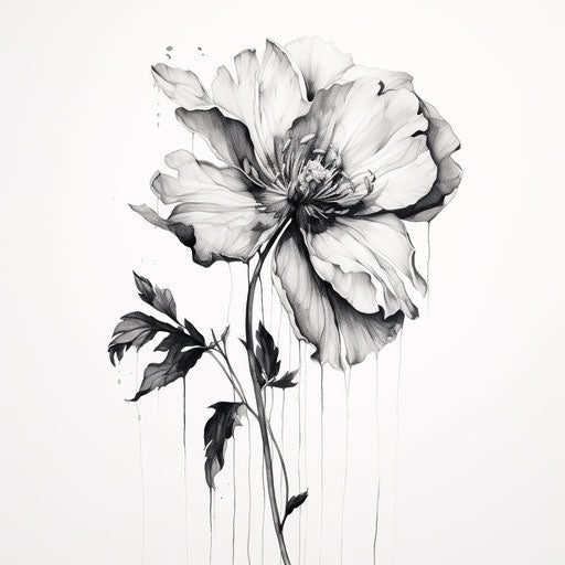 Black and white flower drawing, tattoo style, exotic realism