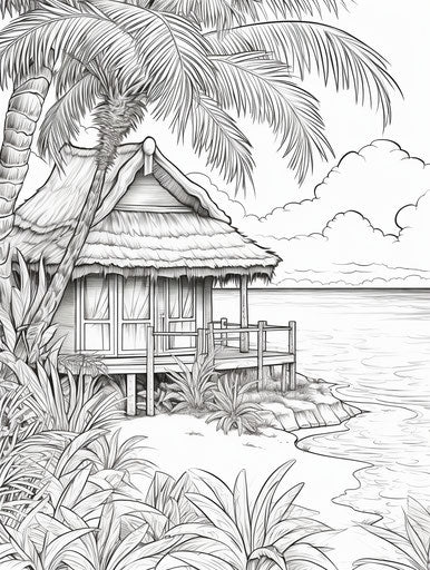 Coloring page with hut at the beach, intricately detailed exotic realism
